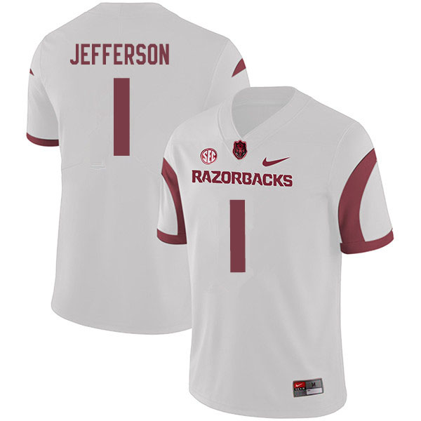 Men #1 KJ Jefferson Arkansas Razorbacks College Football Jerseys Sale-White - Click Image to Close